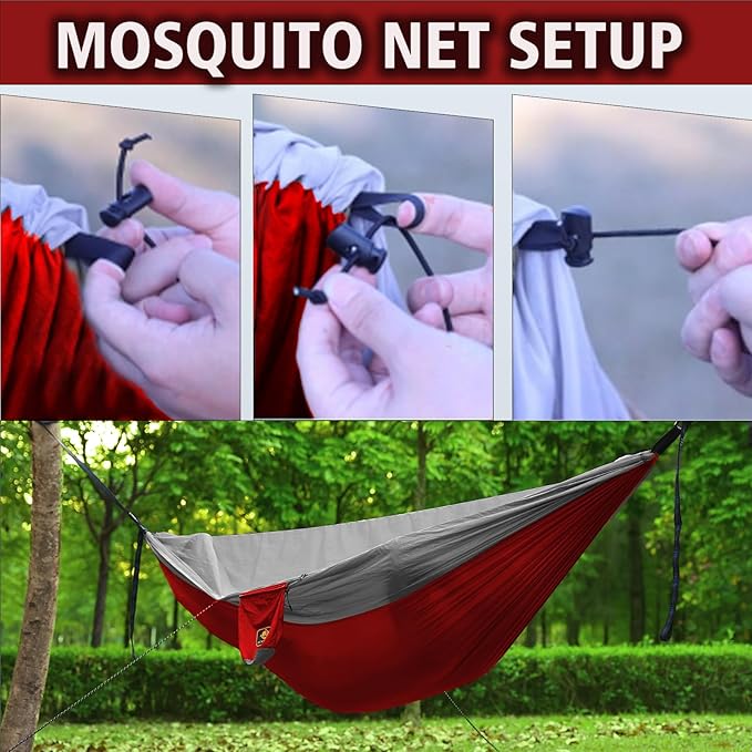 Camping Hammock Portable Hammocks with Mosquito NetLightweight Nylon Parachute Hammock with 10ft Tree StrapsCamping Gear Must Haves for Travel Hiking Backpacking Beach Patio-Red&ampGrey