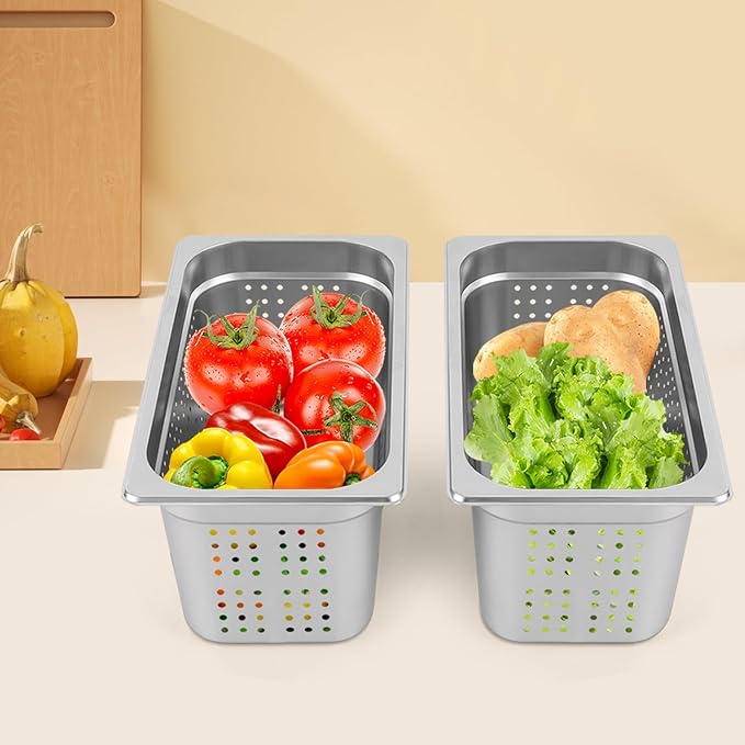 2 Pcs Filtering Pans 6.34Qt Anti-Jam Perforated Pan Stainless Steel Steam Pan Filter BasketCommercial Hotel Pan Catering Food PansDishwasher/Oven/Freezer Safe