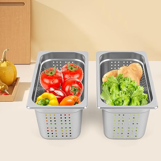 2-Pack 1/3 Size 6 Deep Anti-Jam Perforated Stainless Steel Steam Table Pan Hotel Pan