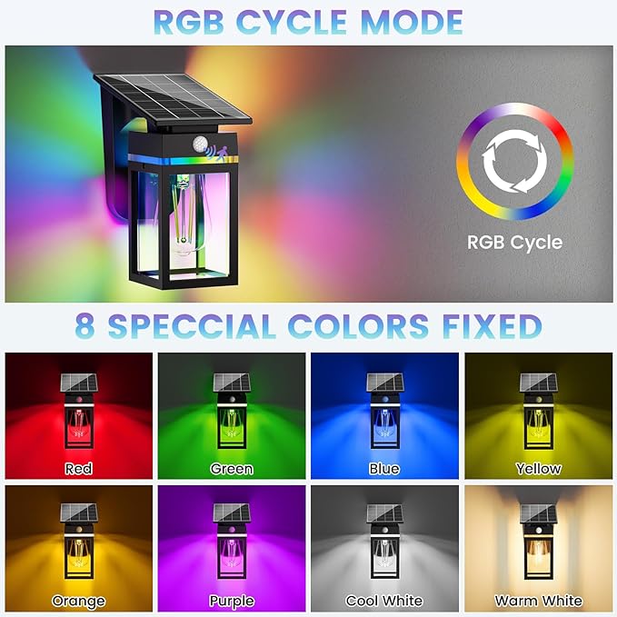 RGB Solar Wall Lights Outdoor Dusk to Dawn &amp Motion Sensor Porch Light with Lantern Shape 10 Modes (RGB Cycle/Fixed) IP65 Waterproof E26 Bulb Exterior Sconce for Front Porch Garage Patio