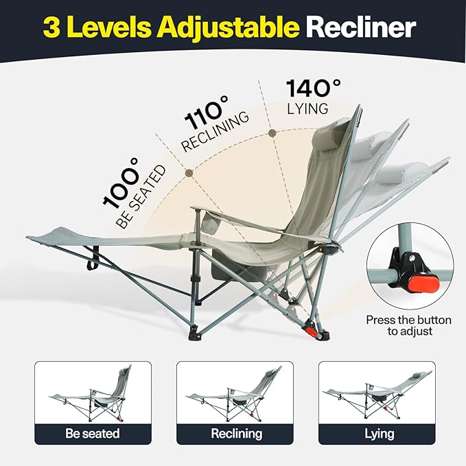 2-in-1 Reclining Camping Chair Portable Folding Beach Lounge Chair with Footrest &amp Adjustable Backrest Comfortable Lawn Chair for Adults Heavy Duty with Cup Holder for Outdoor Poolside Sports