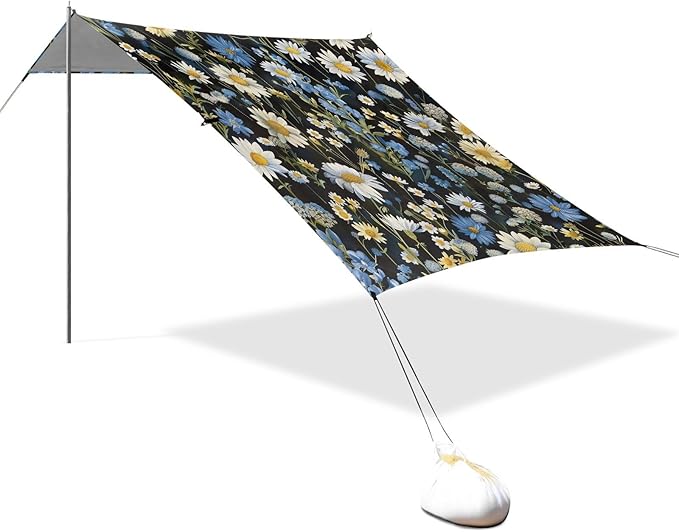 Blue White Flowers Beach Tent Sun Shelter 9.2' x 10.5' Beach Canopy with 4 Sandbags 4 Stability Poles Sand Shovels - Tent Canopy for Beach Camping Fishing Picnics