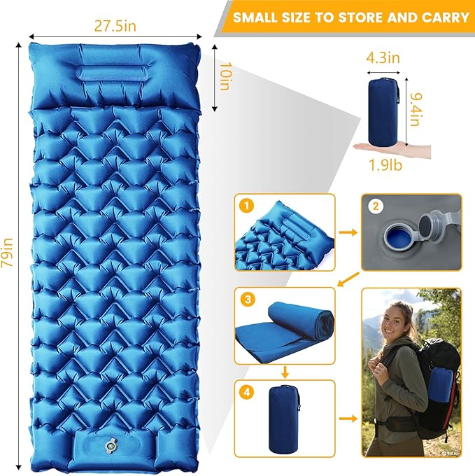 Inflatable Camping Mat Ultra-Lightweight Sleeping Pad with Built-in Pillow &amp Foot Pump Camp Pads for Backpackers Hikers &amp Outdoor Enthusiasts Easy to Carry Gifts