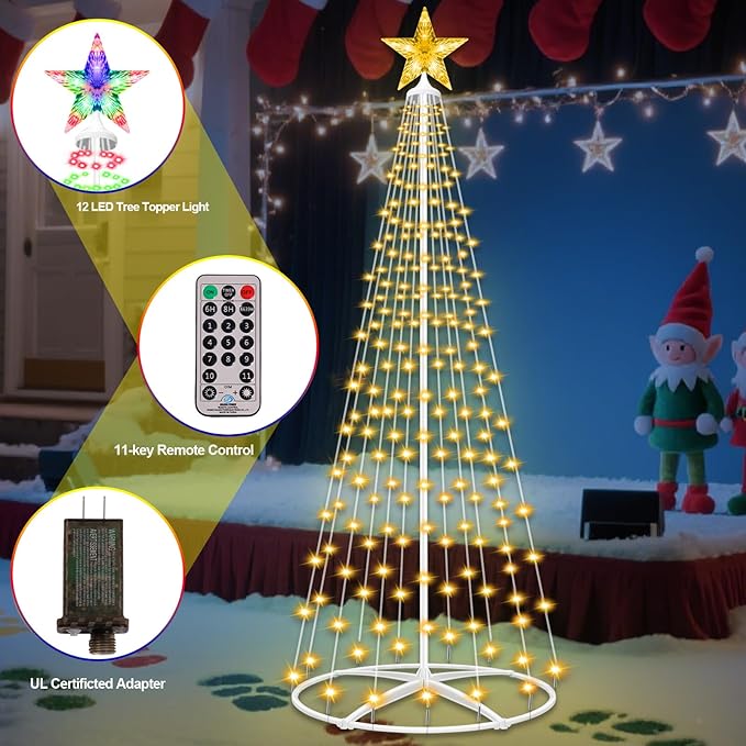 Forlivese 5FT Prelit Christmas Cone Tree Lights 204 LED Small Lighted Christmas Tree Light with Remote Timer 11 Modes Outdoor Christmas Tree for Yard Garden Decoration Multicolor &amp Warm White