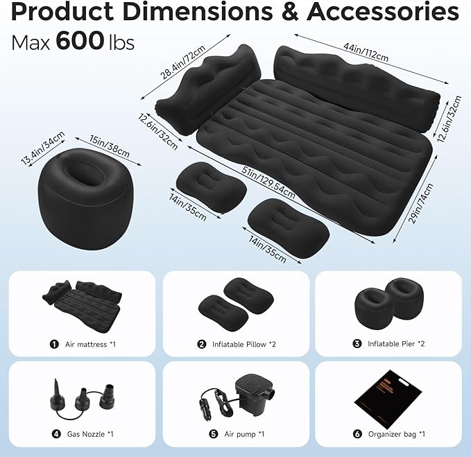 BEBAS Car Air Mattress Inflatable Truck Camping Mattress for Back Seat Thickened SUV Portable Travel Sleeping Pads with 2 Pillows &amp Air Pumps Fits Most Sedan/Pickup/Van Black Bed