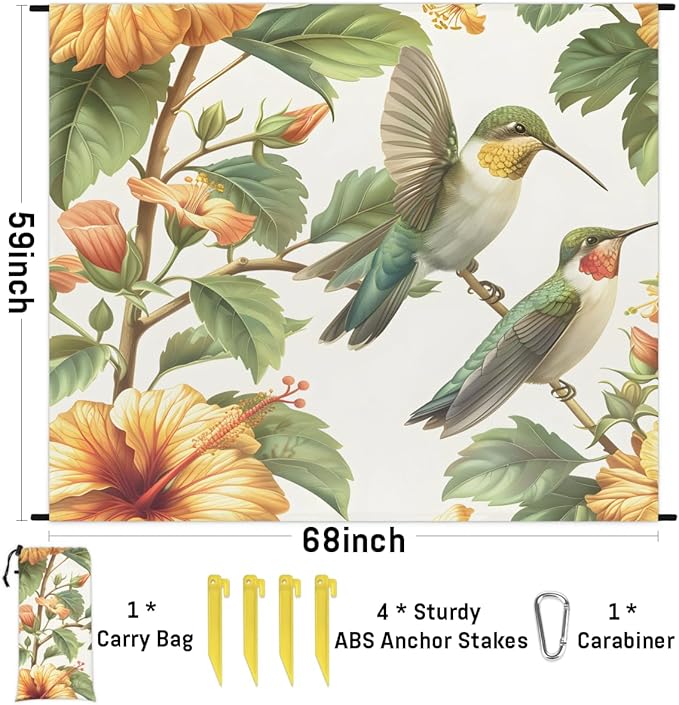Waterproof Sandproof Beach Blanket 59''×68'' Plant-Hummingbird Polyester Outdoor Picnic Blanket with 4 Stakes &amp Storage Bag for BeachCampingVacation Cyan