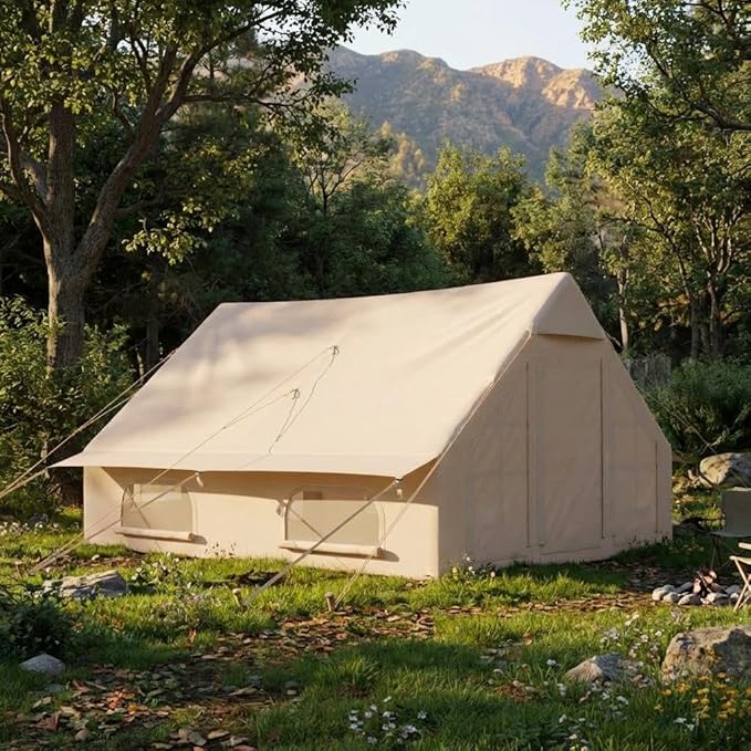 IDEALHOUSE Inflatable Camping Tent with Air Pump 6-8 Person Large Blow Up Tent for Family Waterproof Oxford Glamping Tent with Easy Setup Air Beam Portable Outdoor Tent for All Seasons Beige