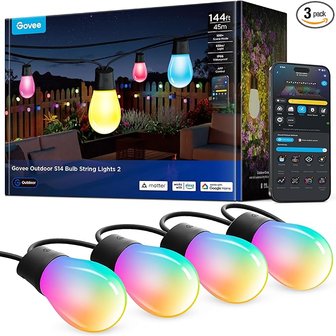 Govee S14 Bulb Outdoor String Lights 2 144ft RGBIC Smart Warm White Outdoor Lights with 15 LED Bulbs 111 Scene Modes for Outdoor Decor IP66 Compatible with Alexa Google Matter APP Control