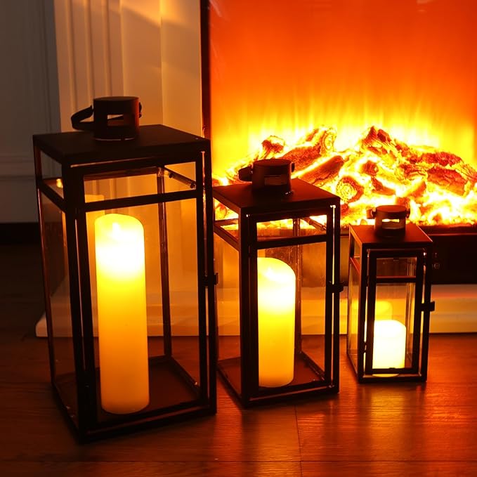 NEEDOMO Stainless Lanterns Decorative Outdoor &amp Indoor Set of 3 Outdoor Lanterns for Porch 22/ 17/14 Candle LanternStainless with Glass Water-Proof Farmhouse Patio Pathway Christmas