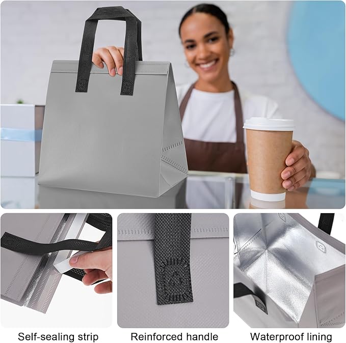 300 Pack Insulated Bags Bulk for Food Delivery 9.5 x 9.5 x 6 Thermal Take Away Bag for Hot Cold Food Coffee Milk Pizza Seafood Disposable Grocery Bag for Catering Restaurant(Grey)