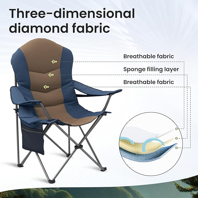 2 Pack Folding Camping Chairs for Adults - High Back Padded Outdoor Lawn Chairs with Lumbar Support &amp Cup Holder 400lbs Heavy Duty Portable Camping Chairs Set (Light Blue &amp Brown 2 PCS)