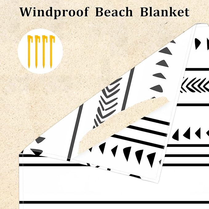 BEW Large Beach Blanket for 1-4 Adults 78in×86in Waterproof Sandproof Blankets with 4 Stakes &amp Corner Pockets Polyester Lightweight Foldable Outdoor Picnic Mat Camping Hiking White-black Lines