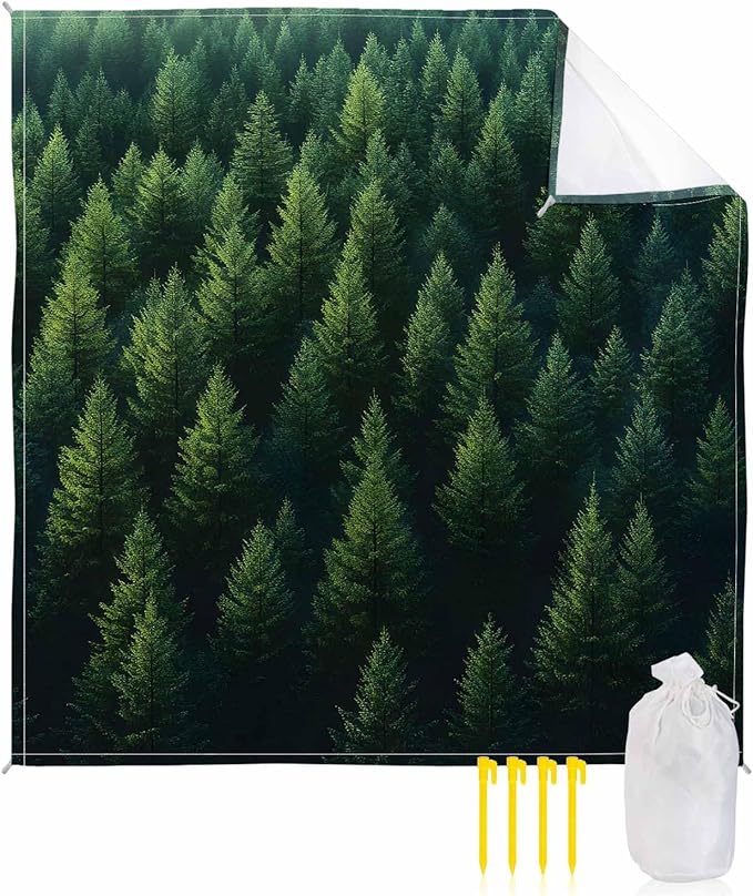 Green Forest Beach Blanket Waterproof Sandproof Pine Trees Forest Summer Landscape Beach Mat Quick Drying Outdoor Picnic Mat 108 x 84 for 1-6 Adults Essentials for Travel Camping Hiking