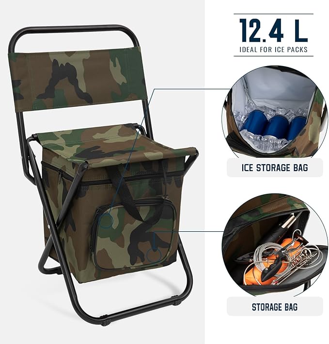 FUNDANGO Portable Fishing Chair Lightweight Backrest Stool Compact Folding Chair with Cooler Bag for Outdoors Hiking Hunting Travel Supports 265 Lbs