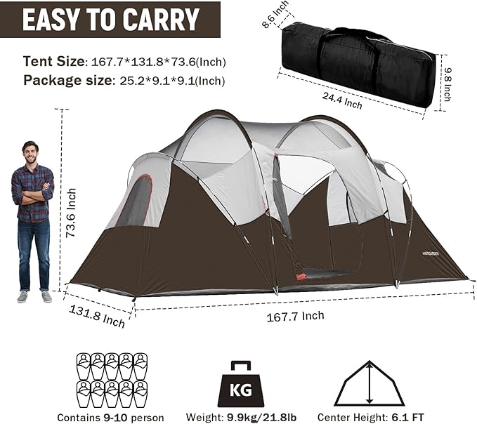 HIKERGARDEN 10 Person Camping Tent - Portable Easy Set Up Family Tent for Camp Windproof Fabric Dome Tent Outdoor for Hiking Backpacking Traveling-14'x11'x74in(H)