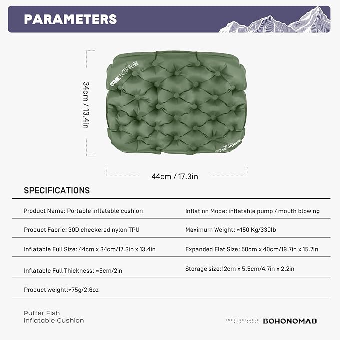 Inflatable Seat CushionPortable Lightweight Travel Air Sitting Pad - 17.3''x13.4''x2''Moisture and Water Resistant Camping Chair Mat for Outdoor Office Stadium Bleacher Airplane Car
