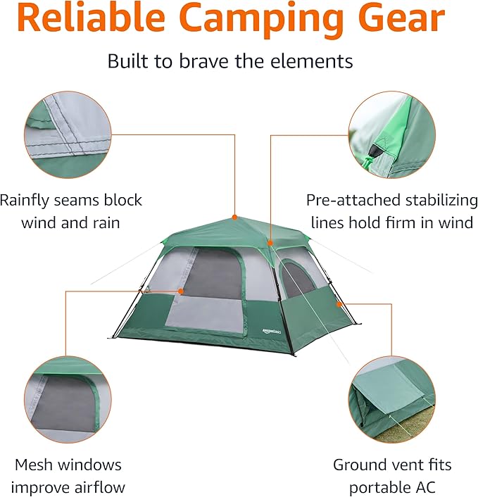 Amazon Basics Instant Camping Tent with Rainfly Weather-Resistant Quick Setup