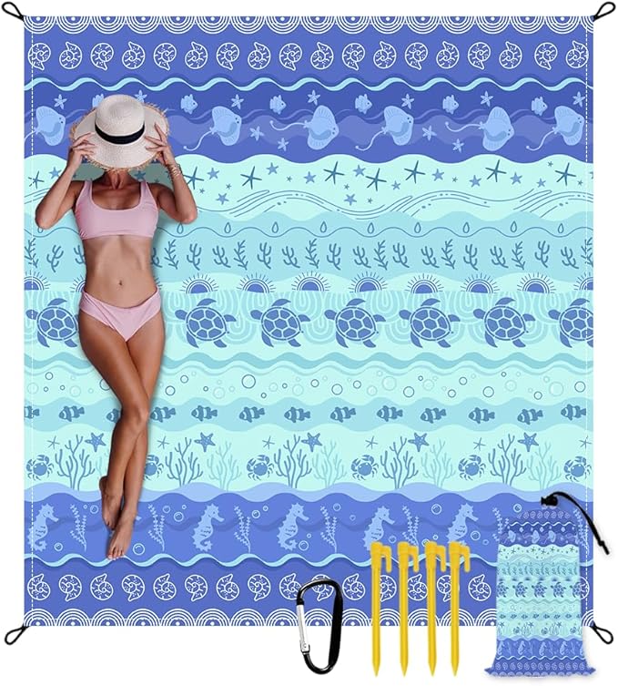Beach Blanket Waterproof Sandproof Oversized 9 Ft X 10 Ft Sand Free Extra Large Beach Mat with 4 Corner Pockets and Stakes Lightweight Portable for Beach Picnic Travel Camping Outdoor