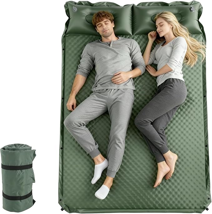Double Camping Sleeping Pad with Pillow 2 Memory Foam Camping Mattress 2 Person 5R Insulated Self Inflating Camping Pad Air Mattress Inflatable Sleeping Mat for Tent Backpacking Hiking (Green)