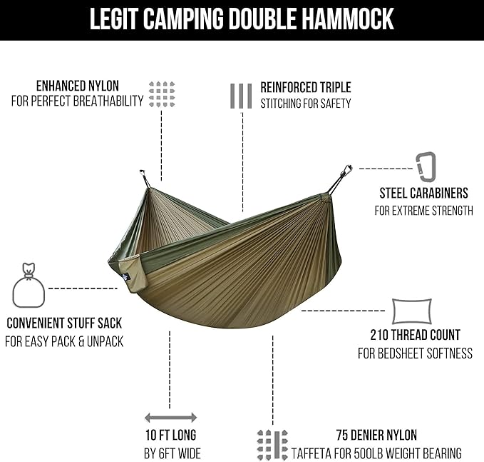 Legit 2 Person Camping Hammock - Double Tree Hammock - Portable &amp Heavy Duty - Perfect for Outdoor &amp Travel