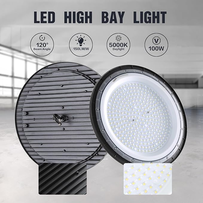 LED High Bay Light 100W 15000lm LED High Bay Shop Light with US Plug UFO LED High Bay Light for Garage Workshop Barn Warehouse Commercial Bay Lighting 5000K-Daylight 2 Pack