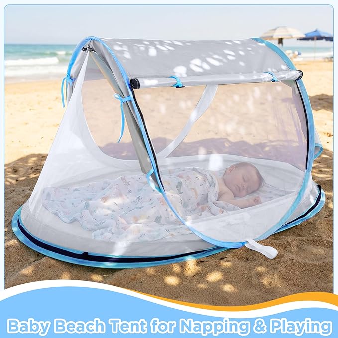 Baby Beach Tent Pop Up Beach Tent Sun Shade for Beach UPF 50+ UV Protection Sun Shelters for Infants with Carry Bag for Outdoor Travel Camping(Gray)