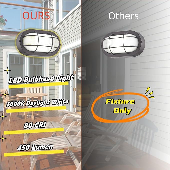 WISBEAM 2 Pack LED Bulkhead Light Outdoor Bulkhead LED Wall Light Dimmable 6W Replace 60W 450 Lumen 3000K Daylight White 80CRI Water-Proof ETL Rated