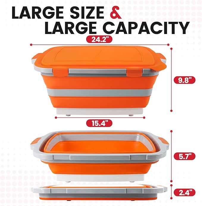 BBQ Prep Tub 3-IN-1 Large 30L Collapsible Cutting Board with Locking Lid for Meal Prep Marinating Food Camping Sink with Colander Dish Basin Storage Blanket for Camping Picnic BBQ Orange