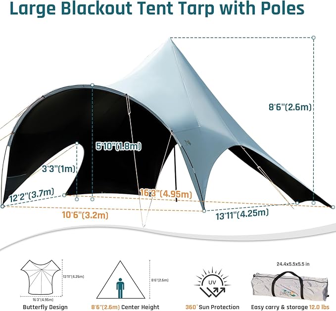 Large Blackout Camping Tarp with Poles Waterproof Shade Canopy Tent Tarp Sun Shade Shelter for Outdoor Camping Backyard Picnic - Included Guy Lines &amp Luminous Tent Stakes Gray