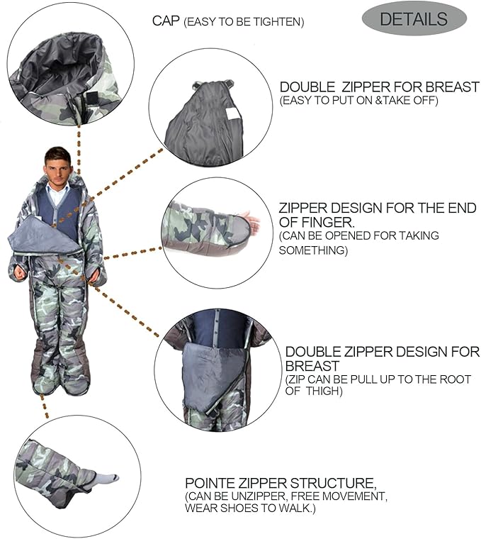 72 Large Wearable Human Sleeping Bag Zipped Foot Opening Design Free Size Ultralight Hoodie Quilted Warm Thermal Coat for Adults Winter or Outdoor 4 Season Camping