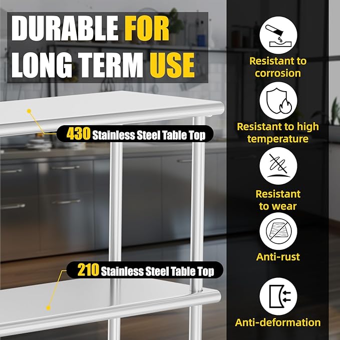 Double Overshelf 2 Tier Stainless Steel Shelf 12 x 60 Inches Weight Capacity 400 lb for Prep &amp Work Table in Restaurant Home and Kitchen