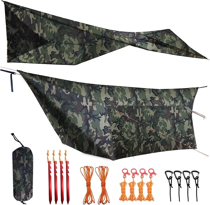 Onewind 12×10 ft Camo Camping Tarp Billow Tarp Shelter Lightweight Waterproof Hammock Rainfly for Stealth Camping Army Military Bushcraft Easy to Setup with Tent Pegs and Guyline Camouflage