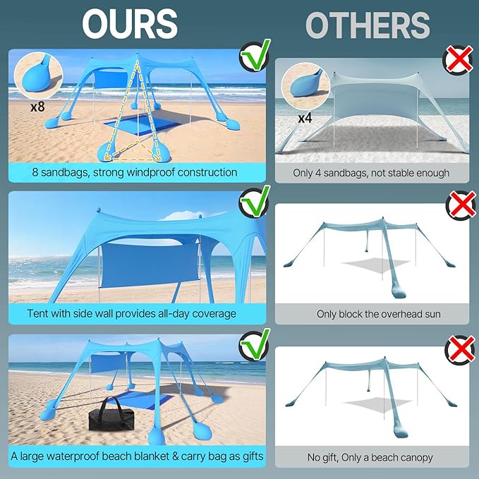 Suteck Beach Tent Sun Shelter with Sidewall Easy Set Up 10x10ft Beach Canopy Outdoor Sun Shade with UPF 50+UV Protection 8 Sandbags 4 Stability Poles for Camping Fishing or Picnics