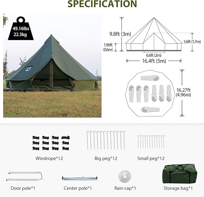 Oxford Bell Tent for Family Camping - Spacious 13.1ft /16.4ft Yurt with Stove Jack Large Glamping Tents for 4-8 People 4 Season Oxford Hot Tent Shelter
