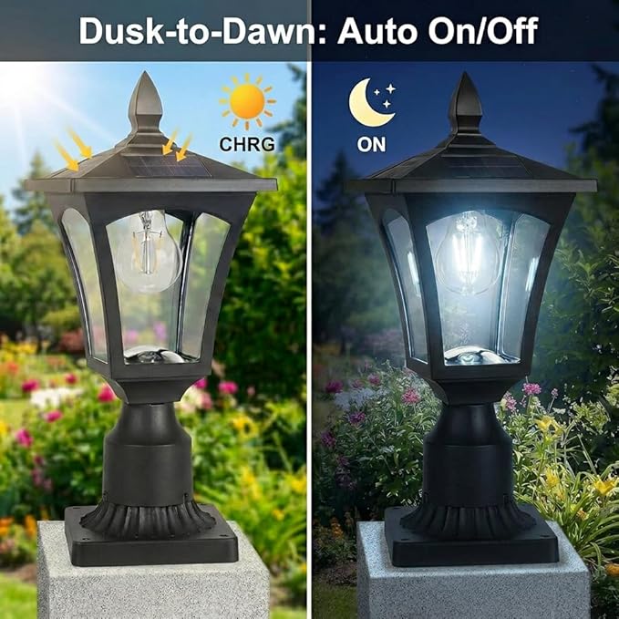 Outdoor Solar Lamp Post Light with Glass Shade &amp Pier Mount Base IP45 Waterproof Dusk to Dawn Solar Post Lantern Cool White for Driveway Path Garage Gate &amp Security Lighting