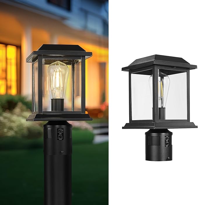 zeyu 12.2-Inch Outdoor Lamp Post Light Fixture 360° Detection 4 Modes Exterior Sensor Post Light Die-Cast Aluminum with Clear Glass Shade Black Finish 0409-P-SE BK