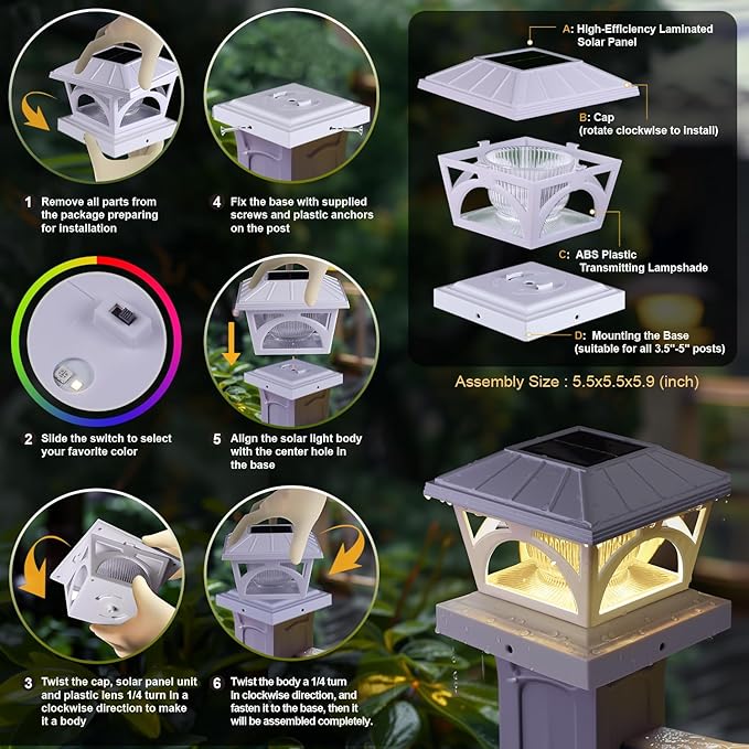 Solar Post Cap Lights 9 Colors to Choose 20 Lumens Warm White &amp RGB Automatic Cycling &amp Fixed RGB Color 3 Modes for 3.6x3.6 4x4 4.5x4.5 5x5 Wooden/Vinyl Posts Decoration White 6 Pack