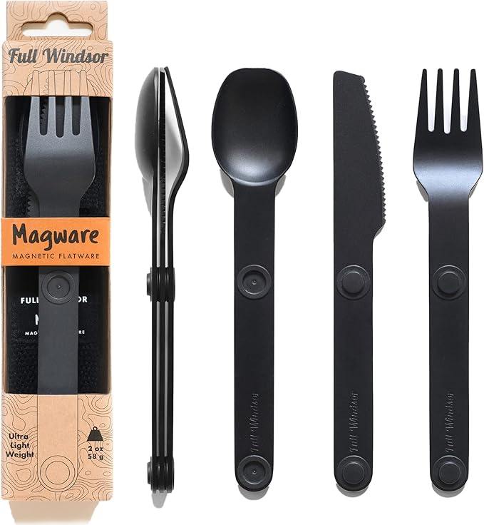 FULL WINDSOR Magware Camping Set - Travel Utensils for Outdoor Dining Backpacking &amp Camping Essentials - Knife Fork &amp Spoon with Pouch - Magnetic Silverware Lunchbox Utensils Cutlery - Black