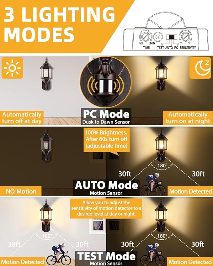 Redluck Motion Sensor Outdoor Lights 16 inch Dusk to Dawn Outside Porch Lights Waterproof Anti-Rust Aluminum Outdoor Wall Lights for House Garage Front Door Antique Black and Bronze Gold