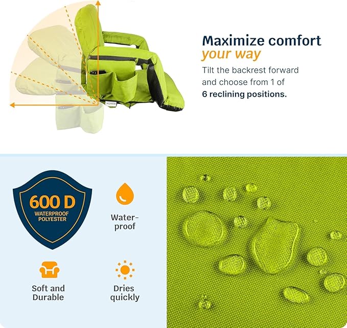Alpcour Heated Reclining Stadium Seat for Bleachers – Wide Bleacher Chair with Back Support and Cushion Armrests Side Pockets &amp Hook – Stadium Seats Chairs for Camping Kayak Paddle Board &amp