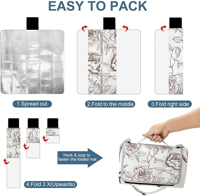 Line Floral Rose Flowers Design2 Beach BlanketPortable Waterproof Picnic Blanket58.3''x 58.3'' Extra Large Picnic Mat for BeachCamping Grass Lawn Park Accessorie for Festival BBQ