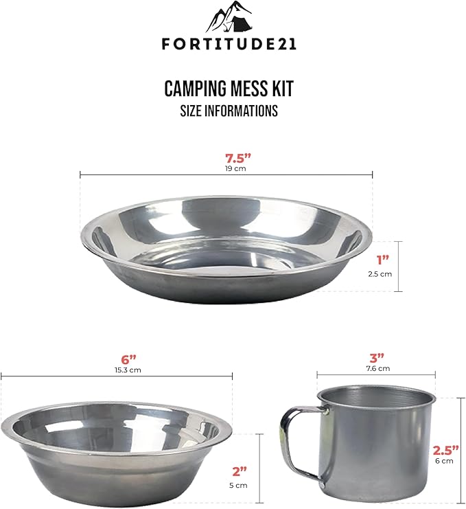 Stainless Steel Camping Mess Kit - Person's Complete Picnic &amp Camp Dish Set Includes Plate Bowl Cup &amp Utensils