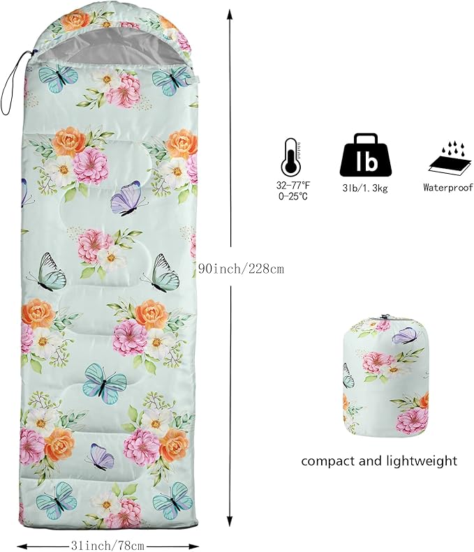 BSNTHO Butterfly Flower Printed Camping Sleeping Bags3 Season Warm &amp Cool WeatherLightweightWaterproof Sleeping Bags for Adults &amp KidsTravelingand OutdoorsCamping Gear Equipment31x90inc