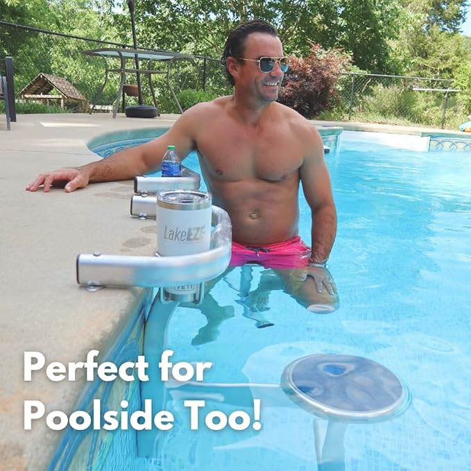 LakeEze Swim Stool (Cool Grey Pair) – Premium Dock Accessory for Water Seating – Adjustable Height for Docks Pools &amp Waterside Use – Built-in Cup Holder – UV-Resistant Durable Made in The USA