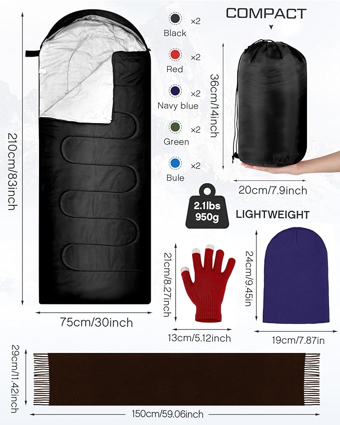 Tranqun 40 Pcs Sleeping Bags for Adult Bulk with Winter Beanie Hat Touch Screen Gloves Scarves Waterproof Cotton Liner Cold Weather Sleeping Bag for Homeless Camping Indoor Outdoor