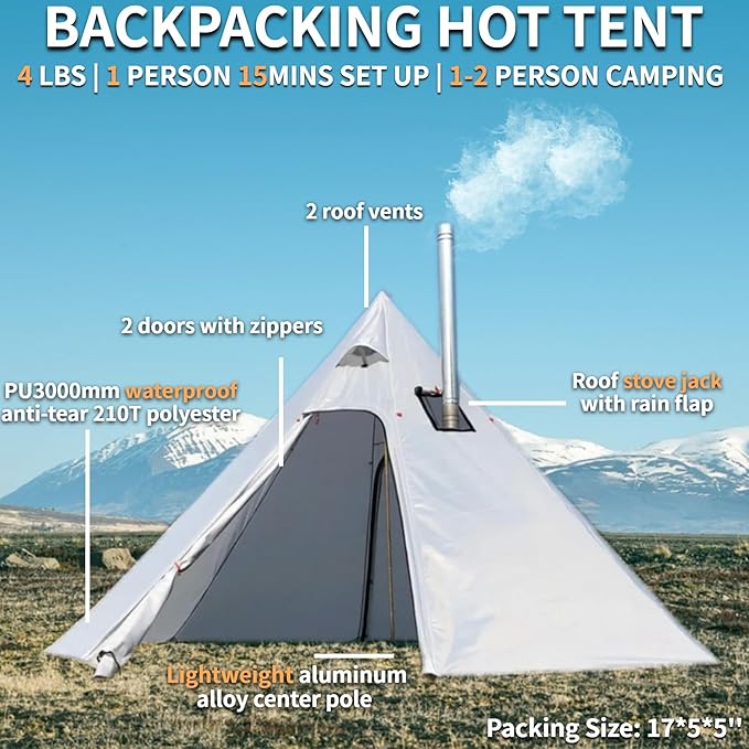 DANCHEL OUTDOOR Backpacking Hot Tent w/Stove Jack Portable Tipi Tent with T6 Titanium Folding Wood Stove for 1-4 Person Winter Camping Hunting3m/4m