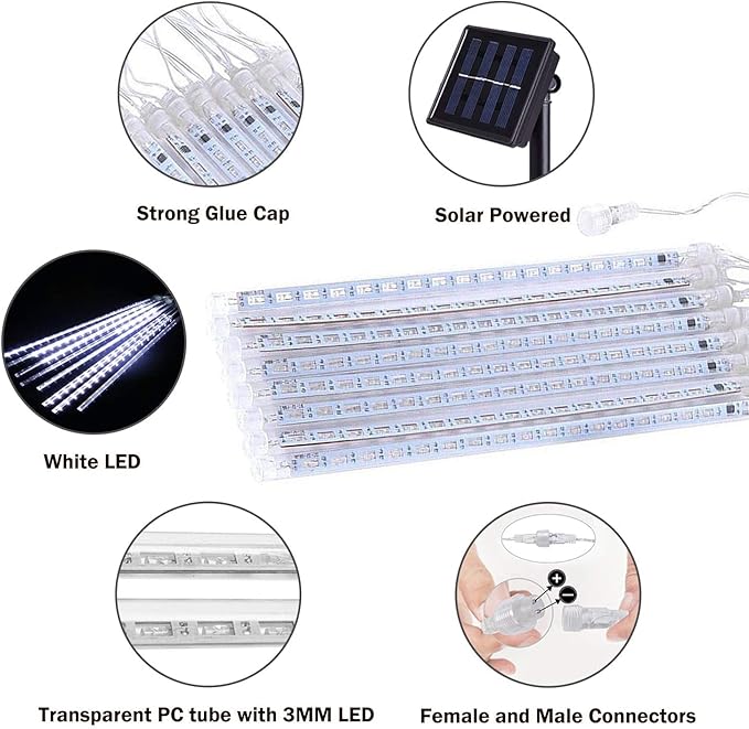 JMEXSUSS 2 Pack Solar Christmas Meteor Shower Lights 16 Tube 288 LED White Solar Christmas String Lights Outdoor Waterproof for Tree Patio Garden Wedding Party Decorations