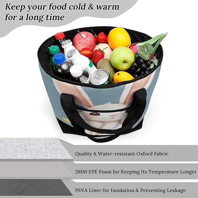 Insulated Shopping BagLarge Reusable Cooler Bags Cartoon Cute Bunny Printed Foldable Shopping BagTravel Waterproof Shoulder Bag