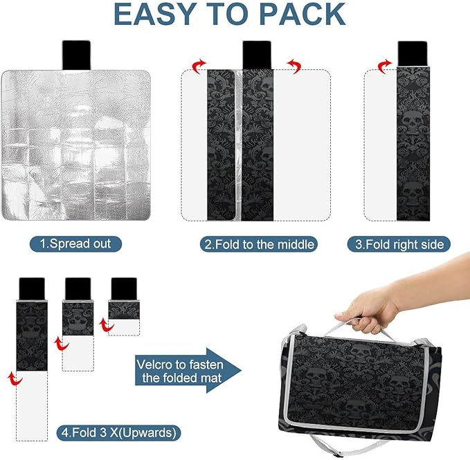 Black Goth Gothic Skull Damask Pattern Waterproof Outdoor Picnic Blanket Sandproof Beach Mat for Camping Hiking Grass Travelling 58.3x58.3in