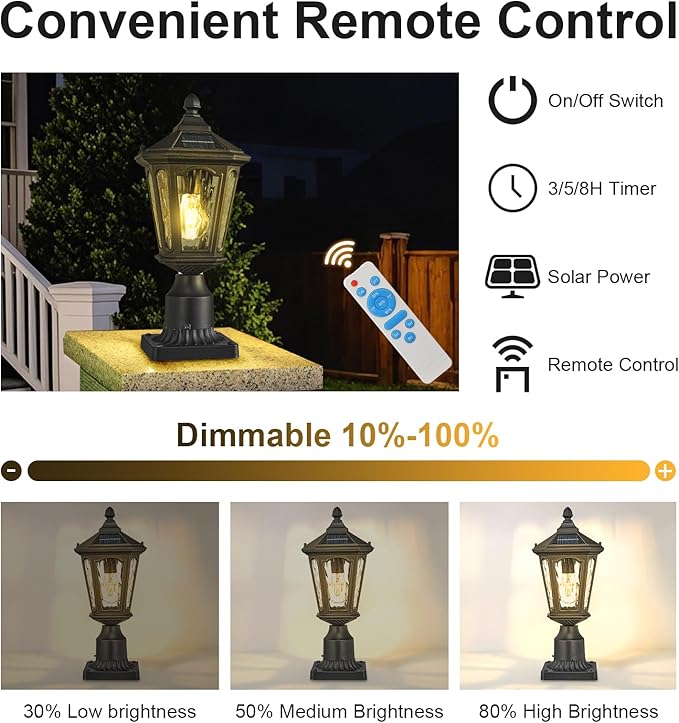 LED Post Solar Light Outdoor Dusk to Dawn Waterproof Pole Lighting with Remote Control Exterior Pillar Lantern 3 Lighting Modes Outside Solar Lamp for Patio Porch Garage Garden Pathway